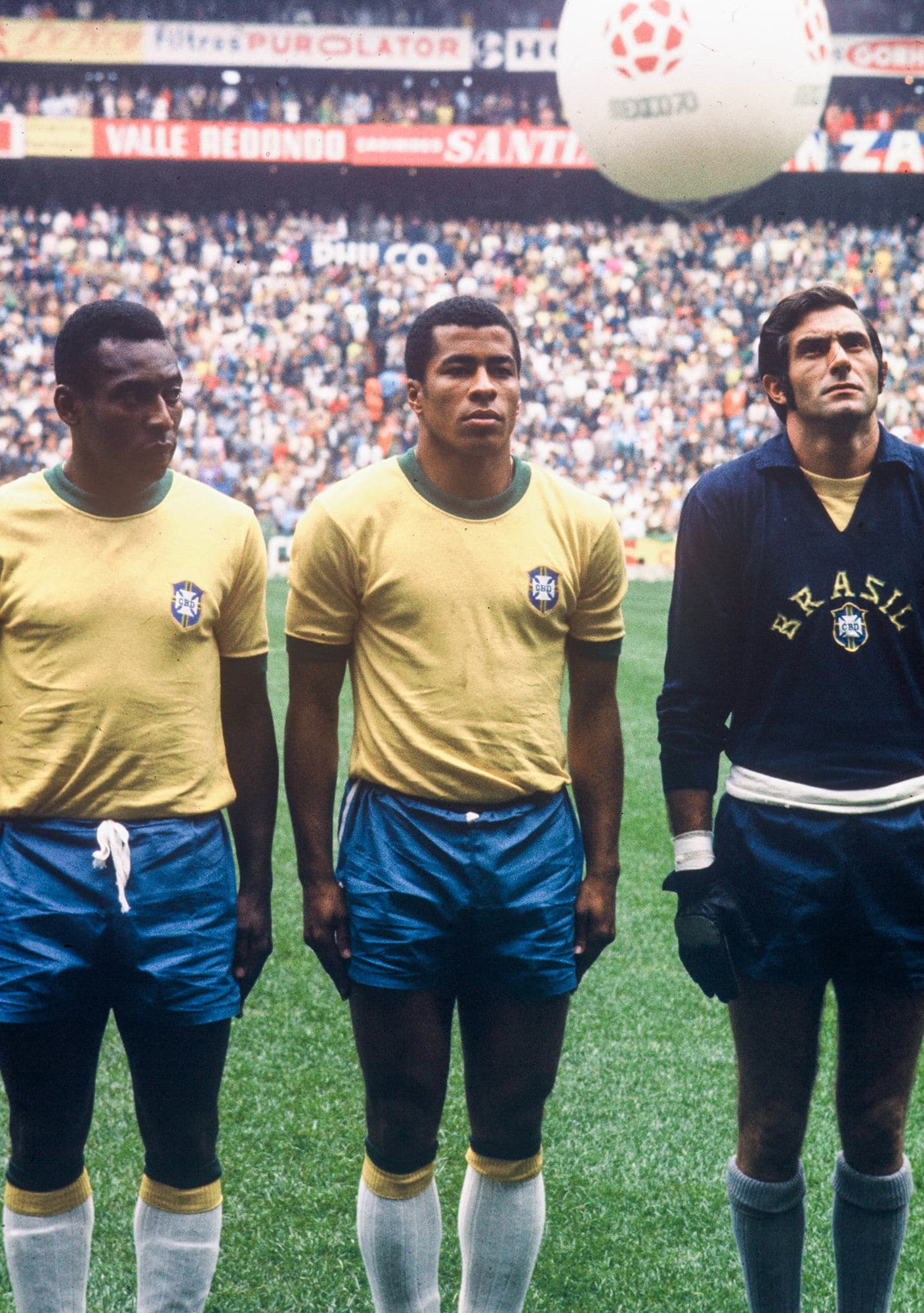 Pel&eacute;, Jairzinho e Felix durante jogo entre Brasil e It&aacute;lia no M&eacute;xico na copa de 1970