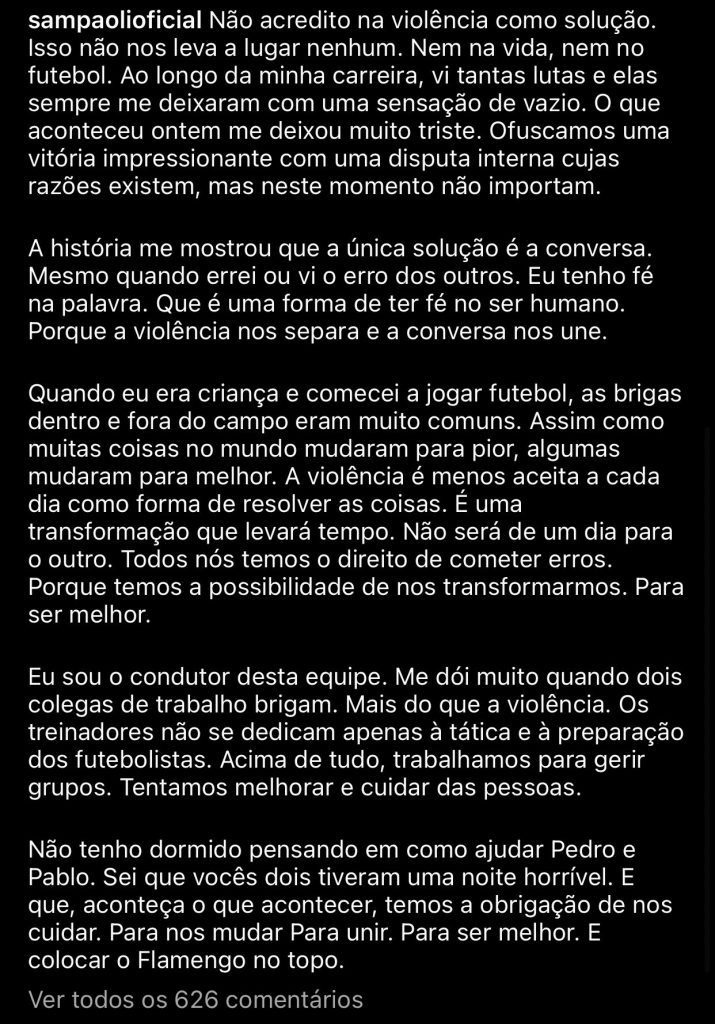&ldquo;Me deixou muito triste&rdquo;, Sampaoli desabafa sobre agress&atilde;o em Pedro e divide a torcida rubro-negra