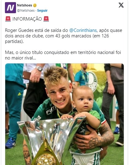 Foto: (Reprodu&ccedil;&atilde;o) - A postagem da Netshoes que provocou o Corinthians usando R&oacute;ger Guedes no Palmeiras